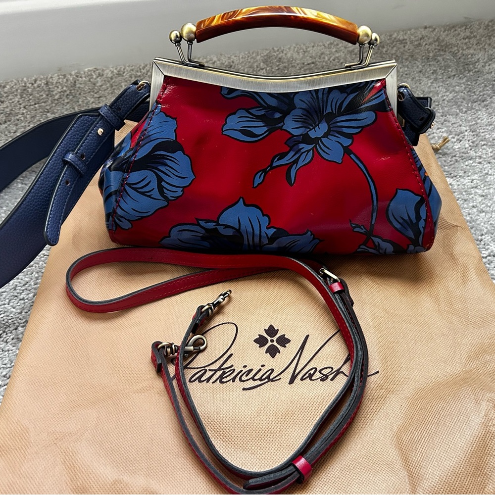 Patricia Nash Leather Red and Blue Grecian Rose Shoulder Bag - Picture 3 of 11